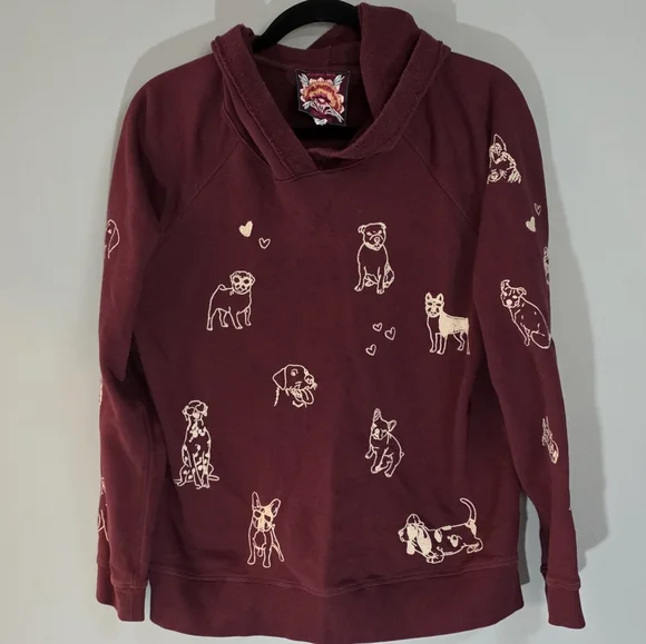 Johnny Was Maroon Pullover Hoodie with Cream Dog Motif - Picture 1 of 8